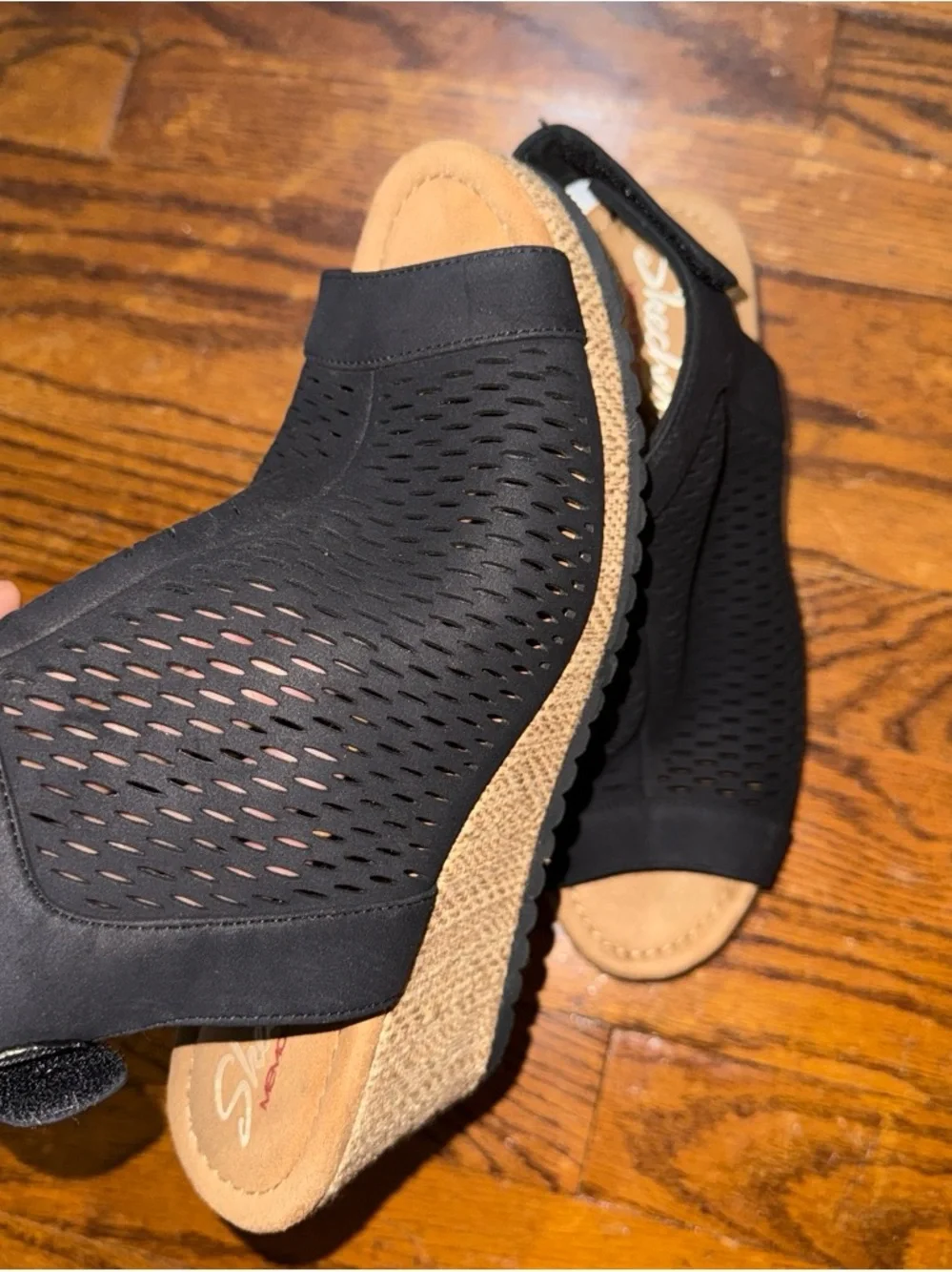 Sketchers memory form Black Perforated Peep-Toe Wedge Sandals - Women's